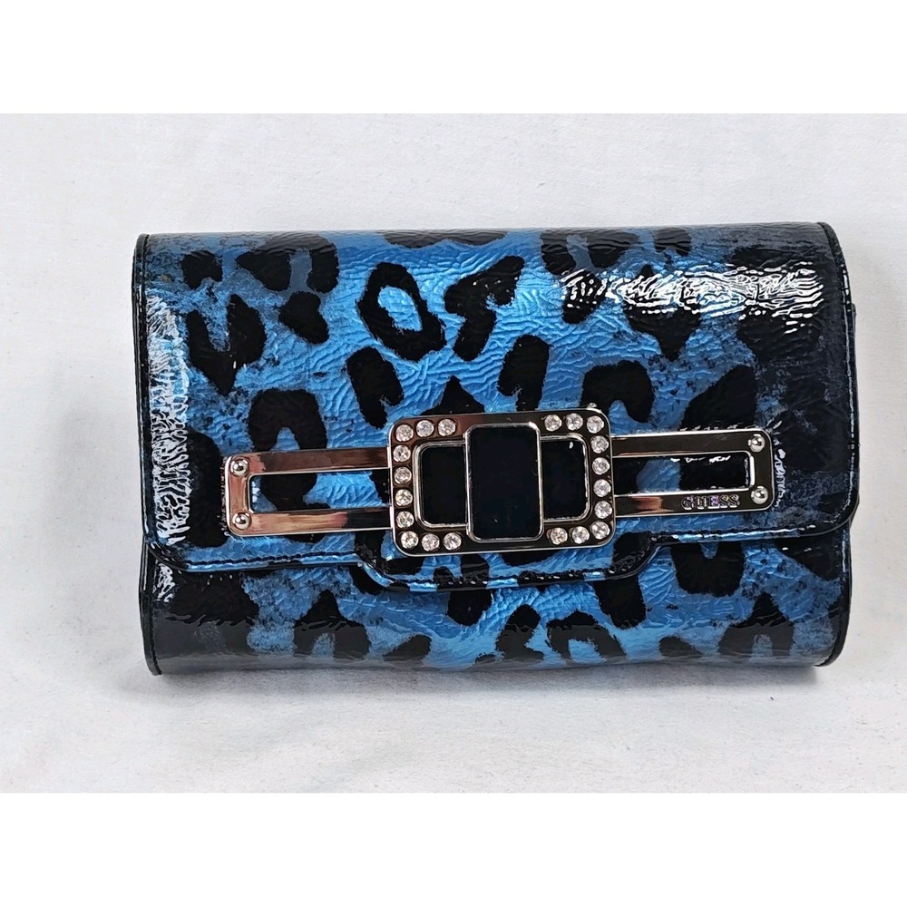 Guess Entice Blue Leopard Print Patent Convertible Clutch Wallet Crossbody NWT
